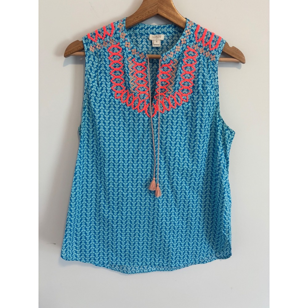 J.Crew Blue Geometric Embroidered Tassel Sleeveless Cotton Top Blouse Size 6
